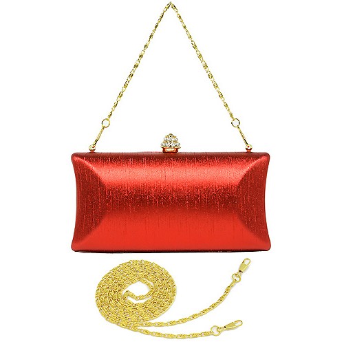 Evening Bag - Shimmery Silk w/ Rhinestones Accent Closure Knob - Red - BG-1120SL-RD
